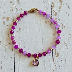 Dainty Barbie Pink Quartz & Gold Filled Beaded Bracelet with Pink Crystal Charm